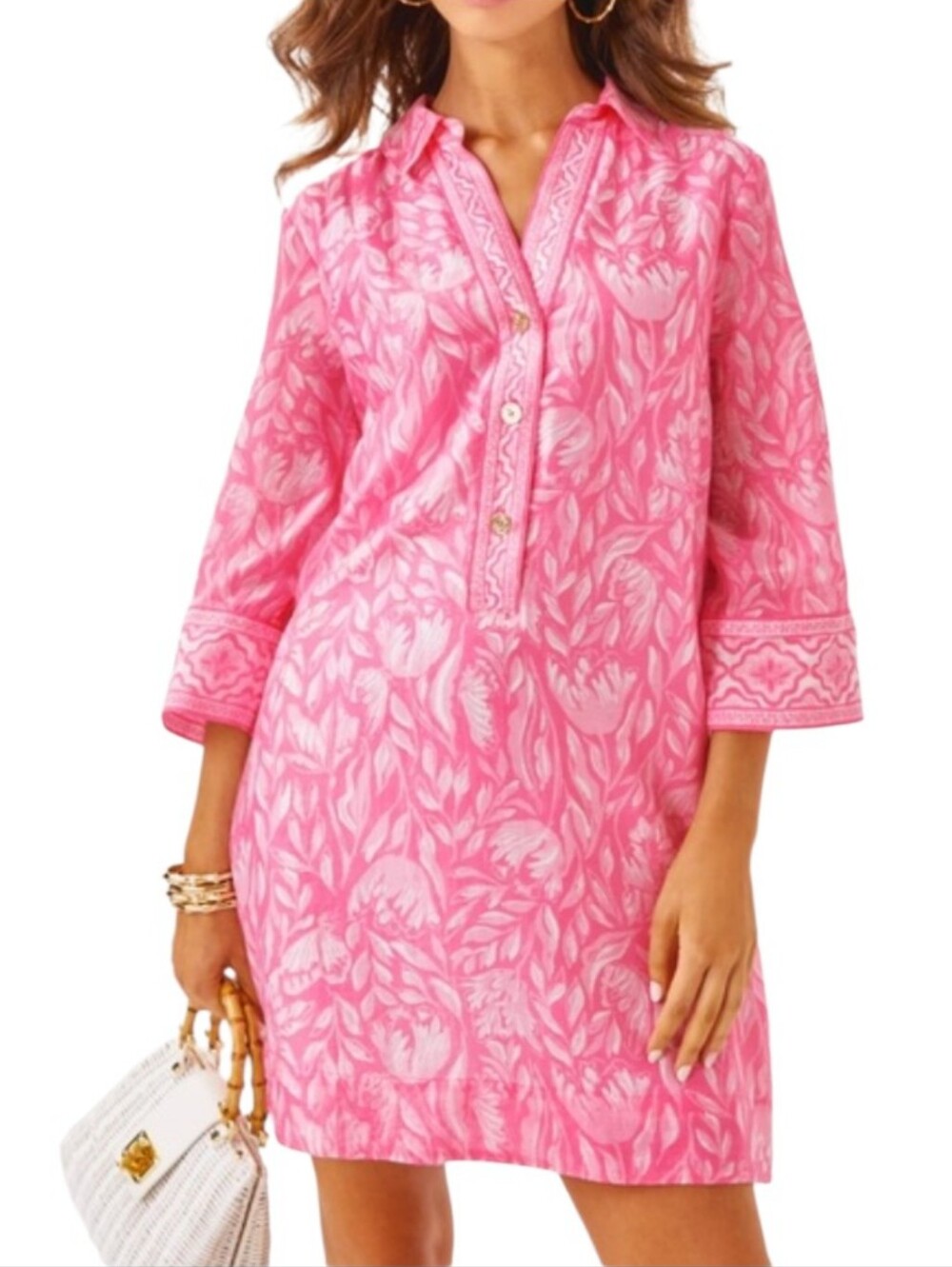 Lilly Pulitzer Daphne Pink & White Nwot Floral 3/4 Sl Gold Button Shift Dress